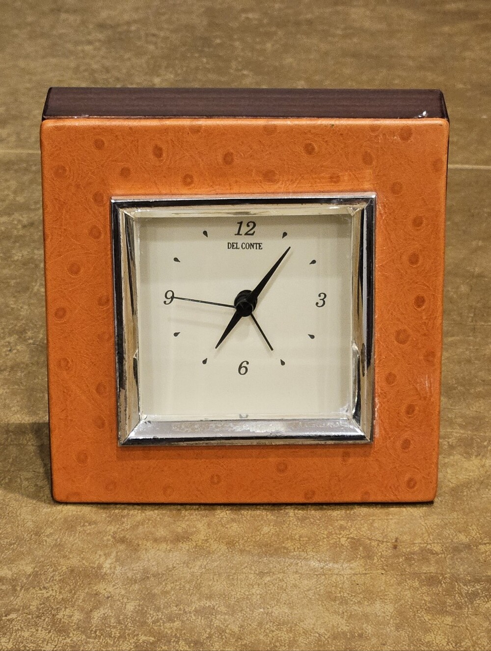 RARE VINTAGE DEL CONTE ITALY ORANGE OSTRICH WOOD SILVER OFFICE DESK CLOCK